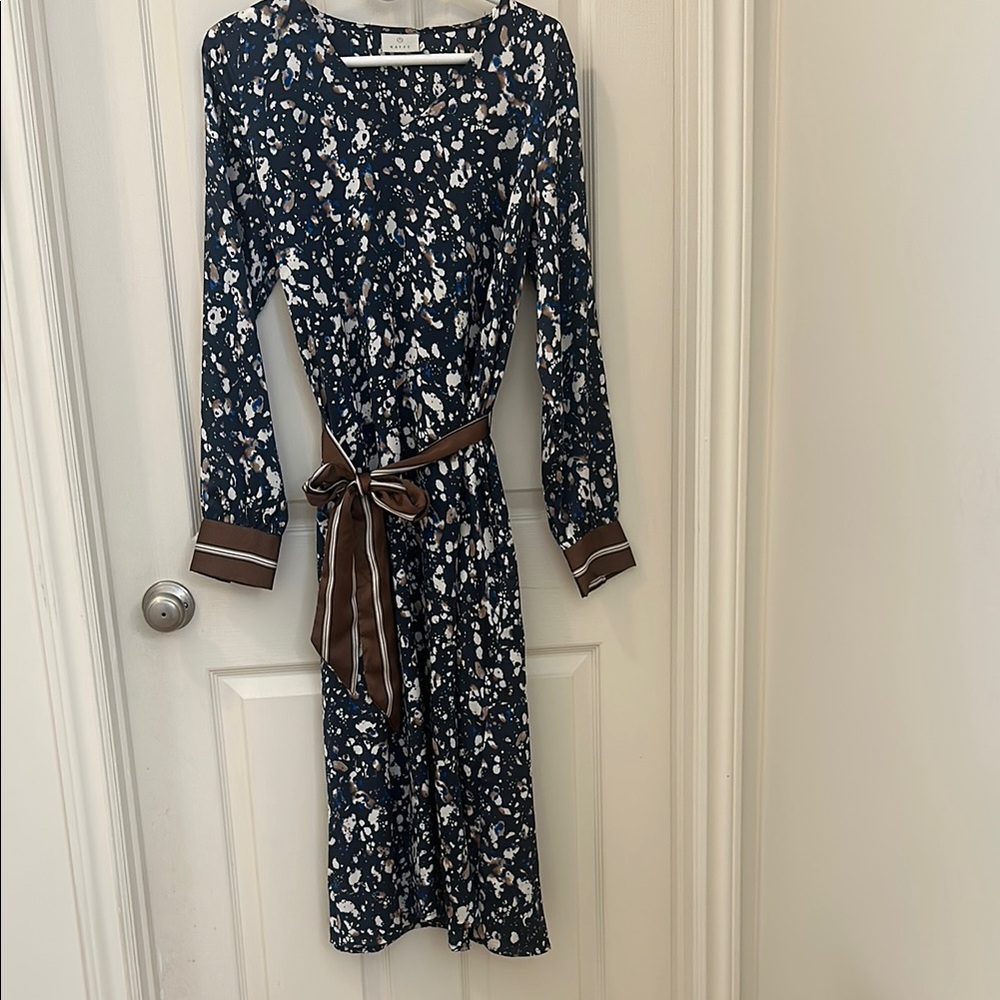 Elegant Blue Floral Dress with Brown Belt (Worn Once)
